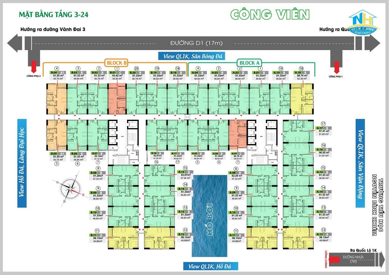 Mặt bằng tầng 3-24 Bcons Green View