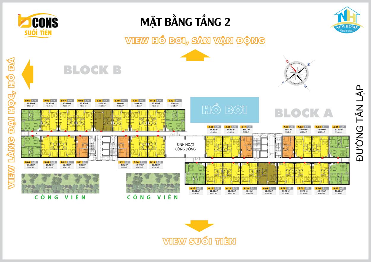 Bcons Suối Tiên Mặt bằng tầng 2 Bcons Suối Tiên
