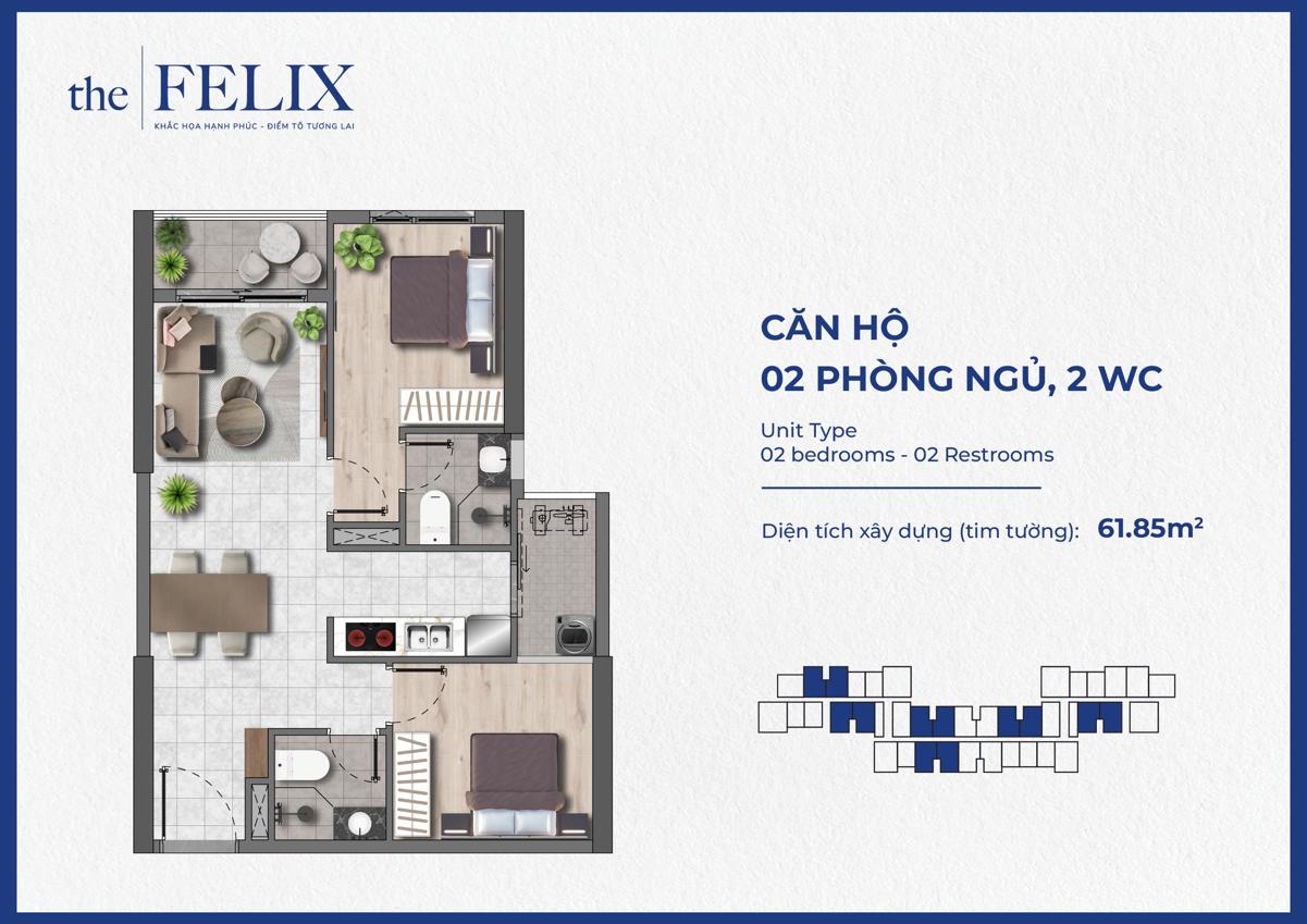 The Felix Thuận An Bình Dương Thiết kế 2WC 2WC 61m2 The Felix