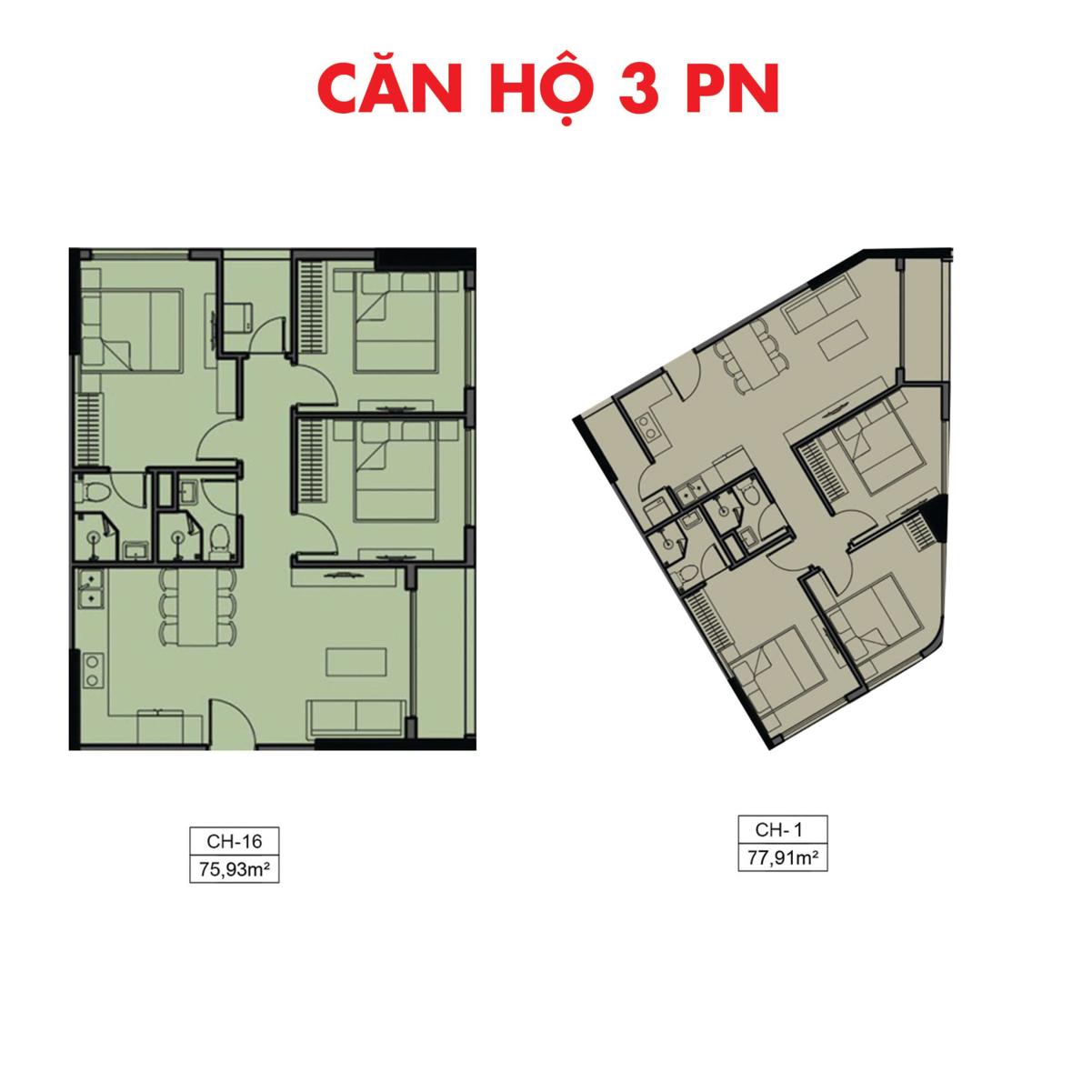 Thiết kế 3 phòng ngủ dự án Phú Tài Central Life
